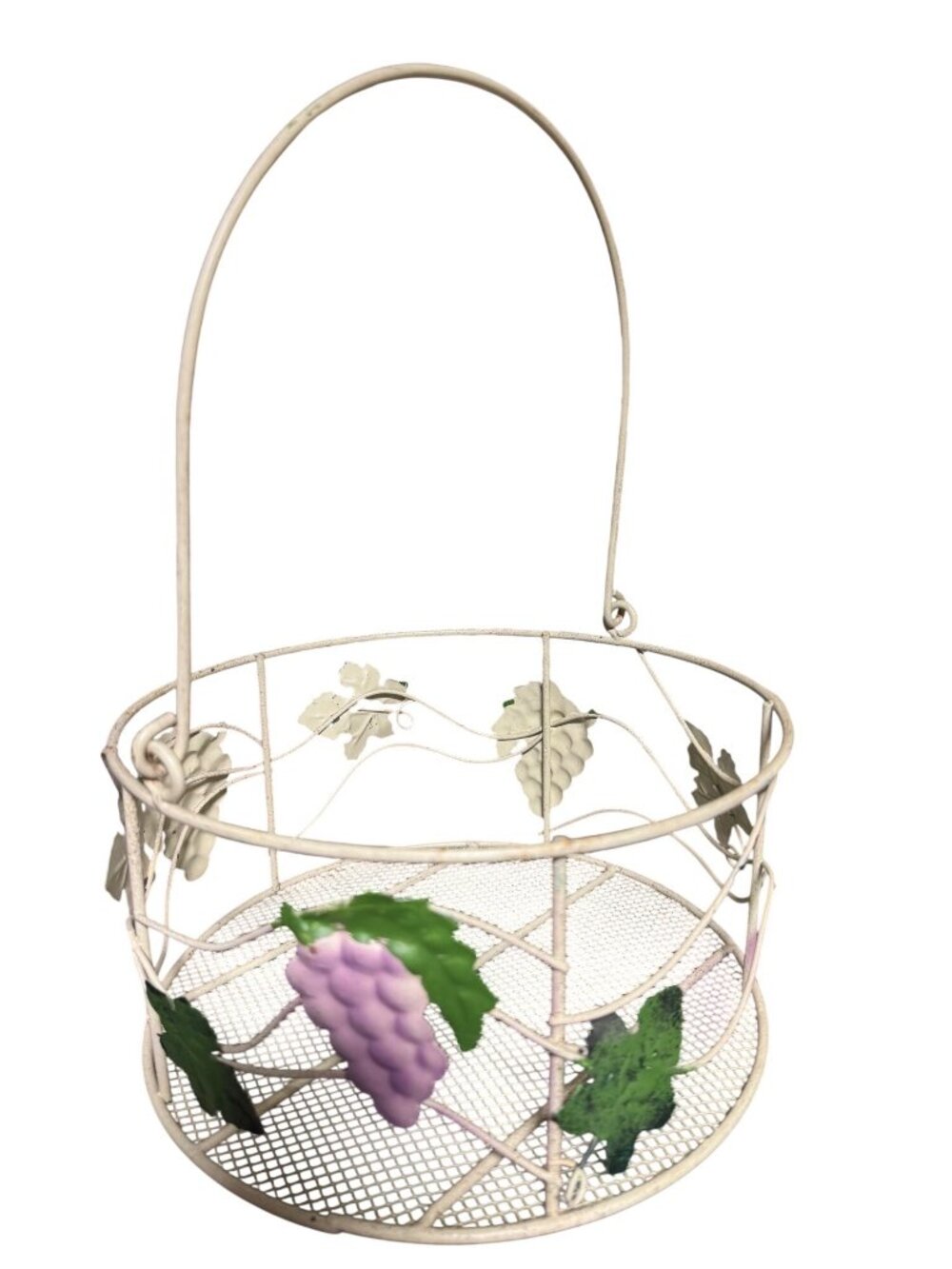 Vintage White Metal Wire Basket With Grape & Leaf Design Decorative Handle Mesh